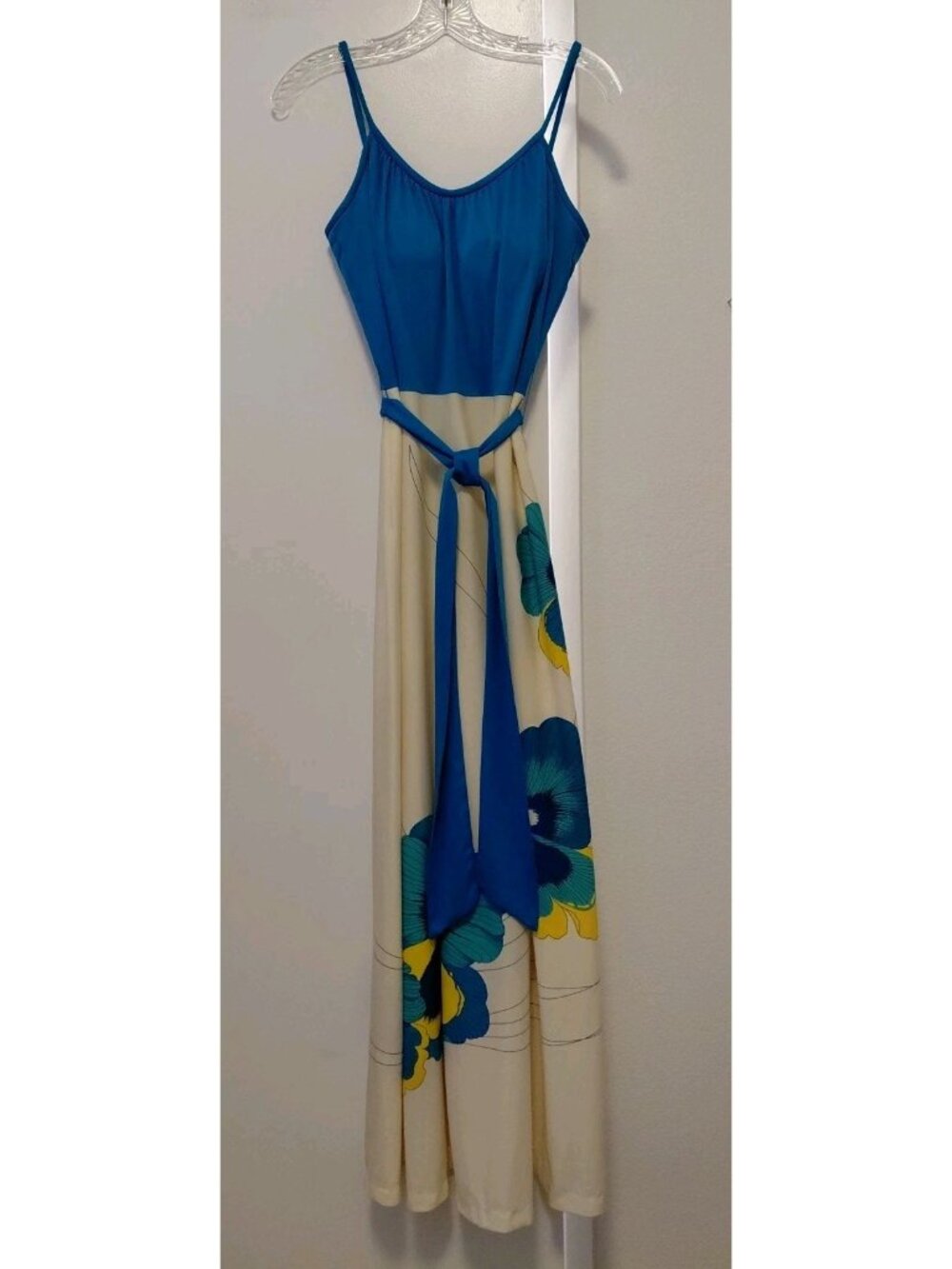 Vintage Alfred Shaheen 70s Designer Hawaiian Floral Maxi Dress 6 White Blue - Picture 2 of 10
